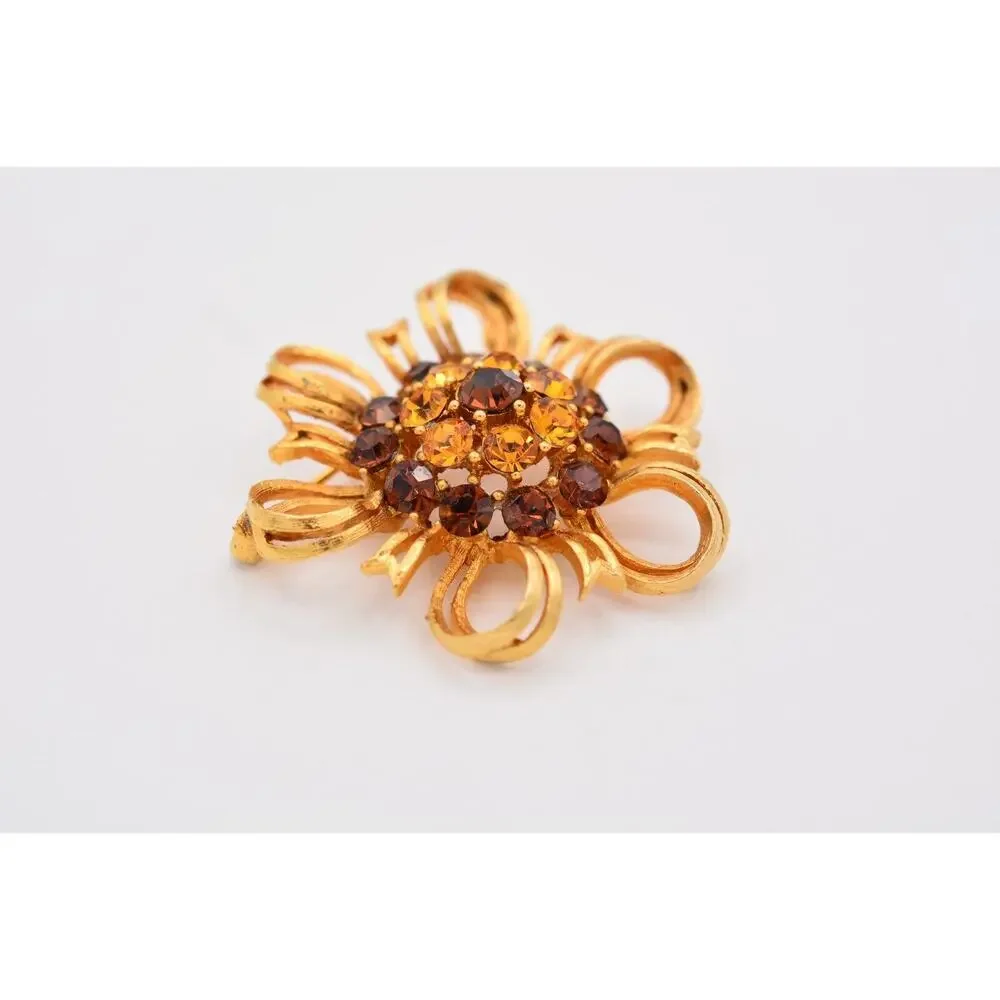 Lisner Vintage Flower Pin Brooch Amber Rhinestone Crystal Gold Signed 50s Bin5B